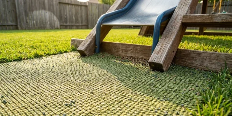 artificial turf for play area: playground ground surfacing close-up under play equipment