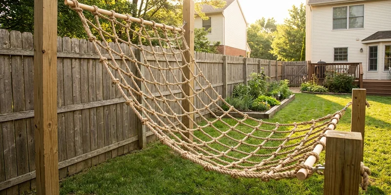 cargo net for climbing: kids climbing equipment in a backyard