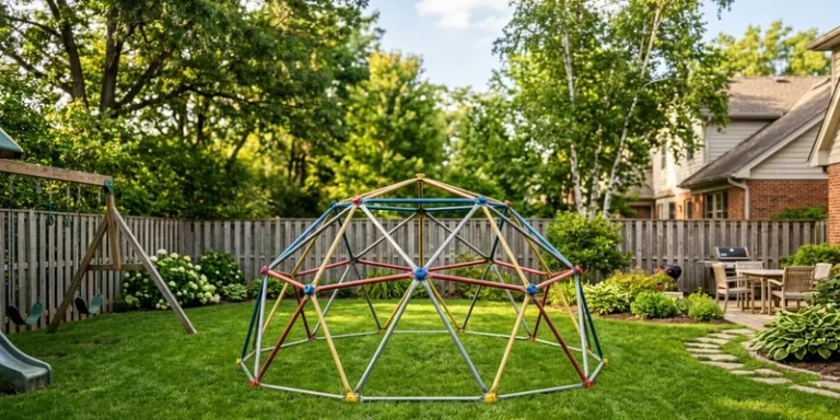 climbing dome for kids: kids climbing equipment in a backyard