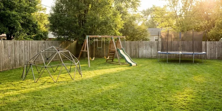 backyard with a climbing dome, swing set and trampoline spaced apart