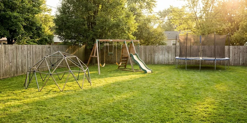 backyard with a climbing dome, swing set and trampoline spaced apart