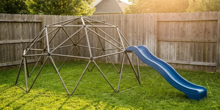 climbing dome with slide: kids climbing equipment in a backyard