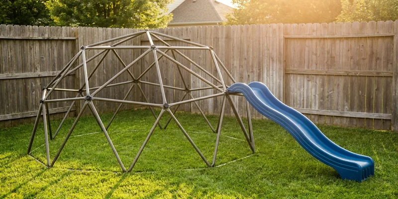 climbing dome with slide: kids climbing equipment in a backyard