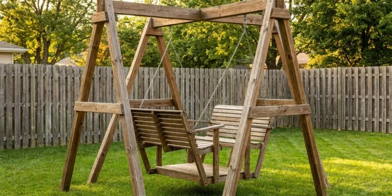 glider swing for swing set: wooden swing set detail in a backyard