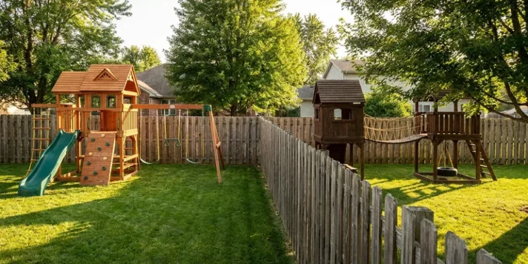 two different wooden playsets in neighboring backyard corners