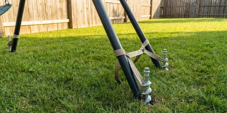 spiral steel ground anchors and straps beside a swing set leg