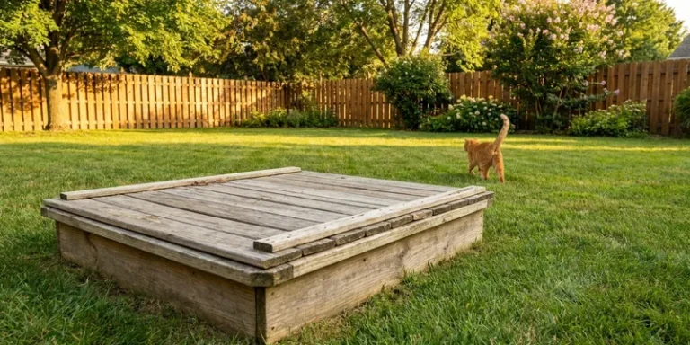 wooden sandbox with closed lid in a backyard, cat walking away in the distance