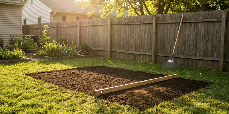 leveled patch of soil with a spirit level and rake in a backyard