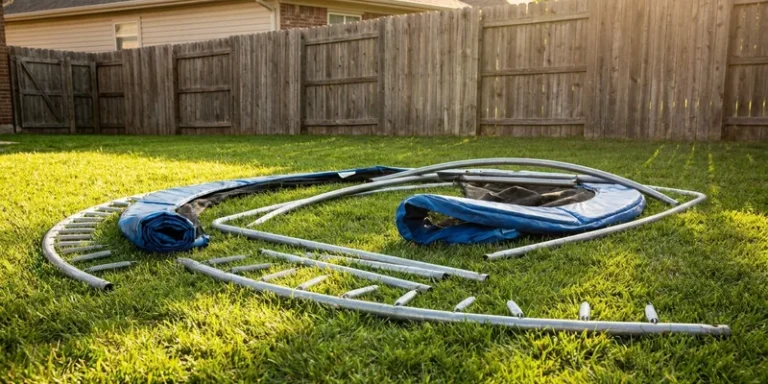 partially disassembled trampoline frame parts laid out on a lawn