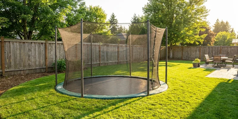 in ground trampoline kit: trampoline with safety net in a backyard
