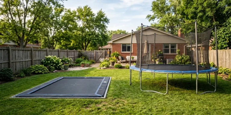 in-ground trampoline flush with lawn next to a classic above-ground trampoline