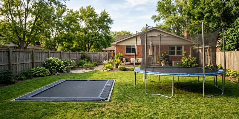 in-ground trampoline flush with lawn next to a classic above-ground trampoline