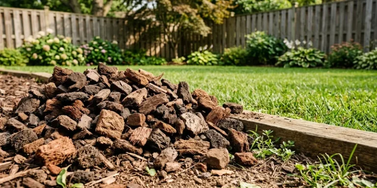 close-up of brown rubber mulch nuggets in an open palm-free pile at a play area edge