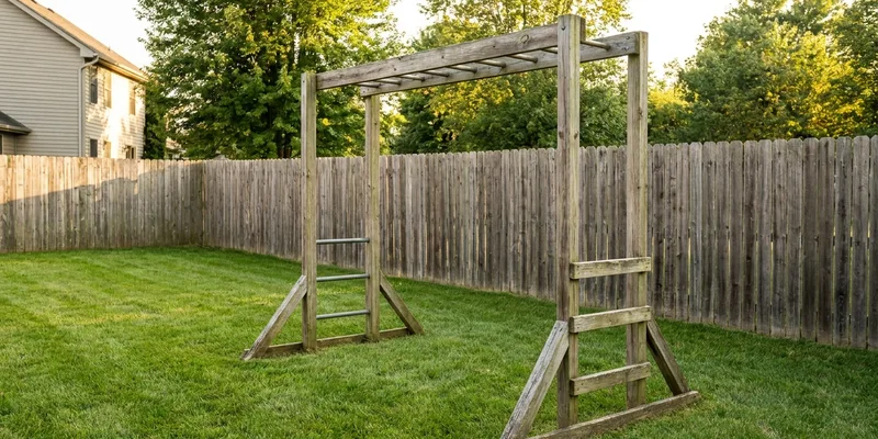 wooden monkey bars structure viewed from the side on a lawn