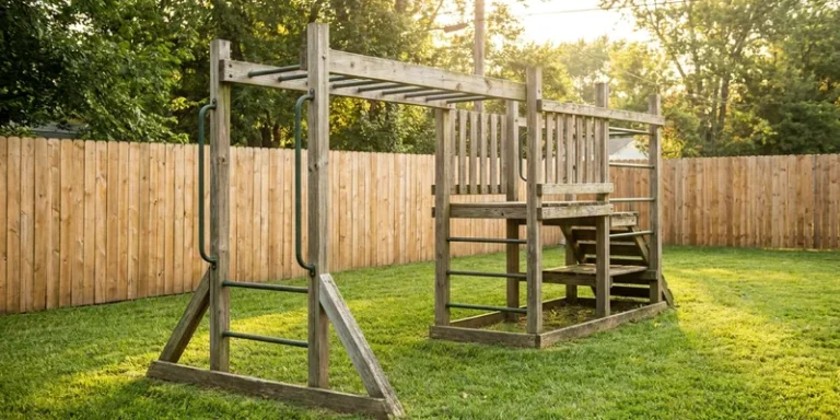 monkey bars for backyard: kids climbing equipment in a backyard