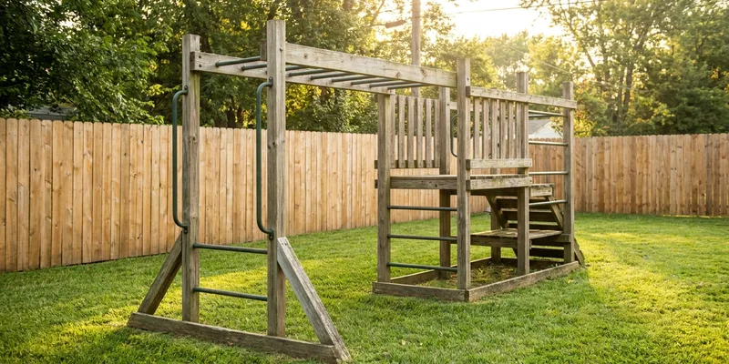 monkey bars for backyard: kids climbing equipment in a backyard