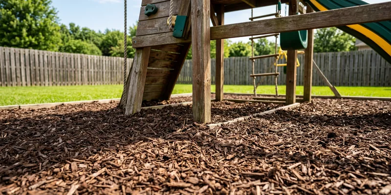 mulch for playground: playground ground surfacing close-up under play equipment