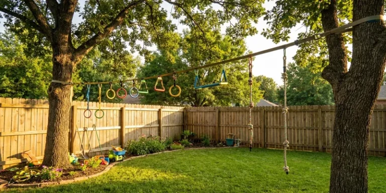 ninja line for kids: kids climbing equipment in a backyard