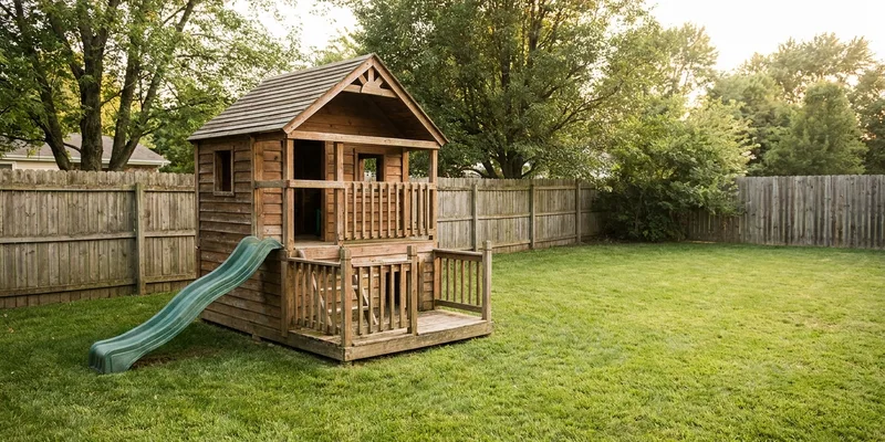 outdoor playhouse with slide: charming kids playhouse on a lawn