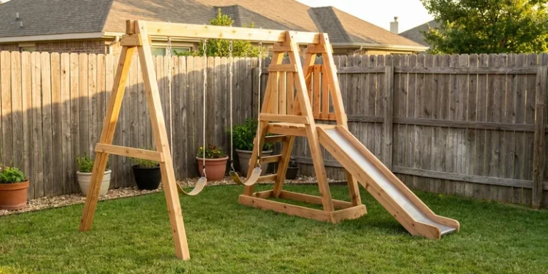 outdoor playset for small yard: wooden swing set detail in a backyard