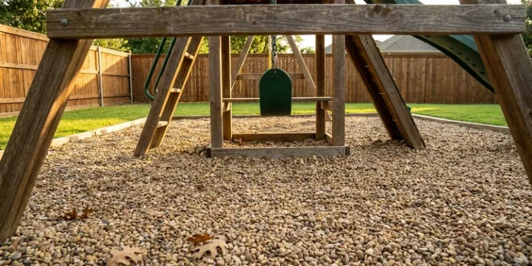 pea gravel for playground: playground ground surfacing close-up under play equipment