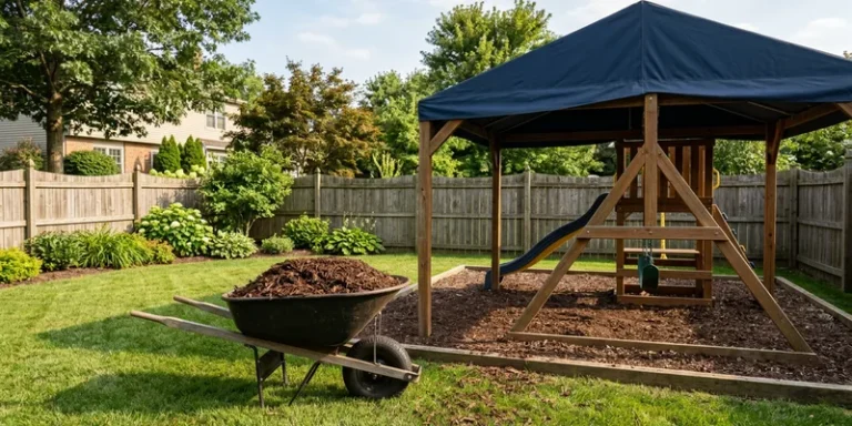 wheelbarrow full of playground mulch beside a half-covered play area