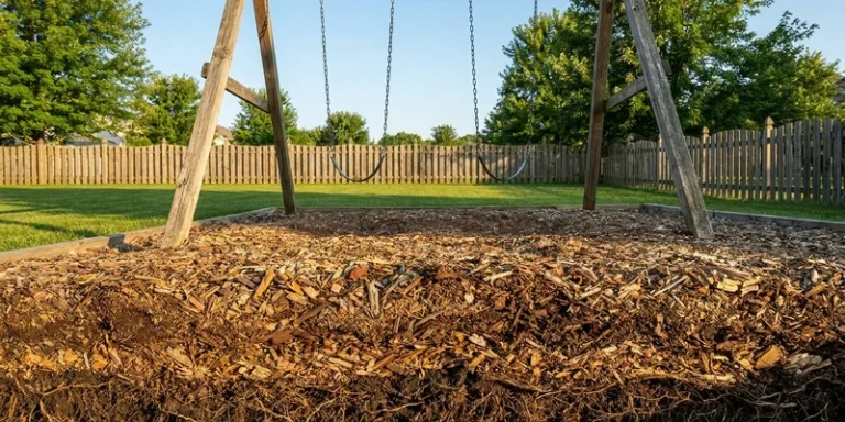 cross-section view of a deep layer of wood chips under a swing set