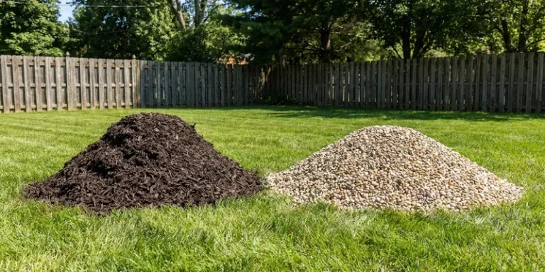 rubber mulch and pea gravel in two neat piles on a lawn