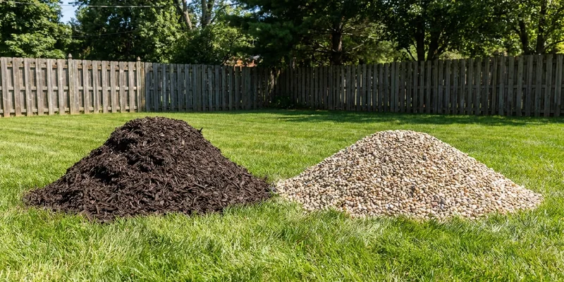 rubber mulch and pea gravel in two neat piles on a lawn