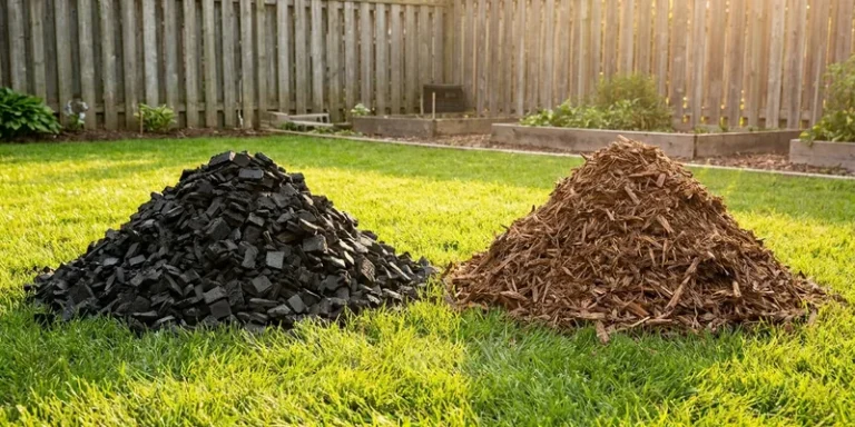 two piles side by side: rubber mulch and natural wood mulch