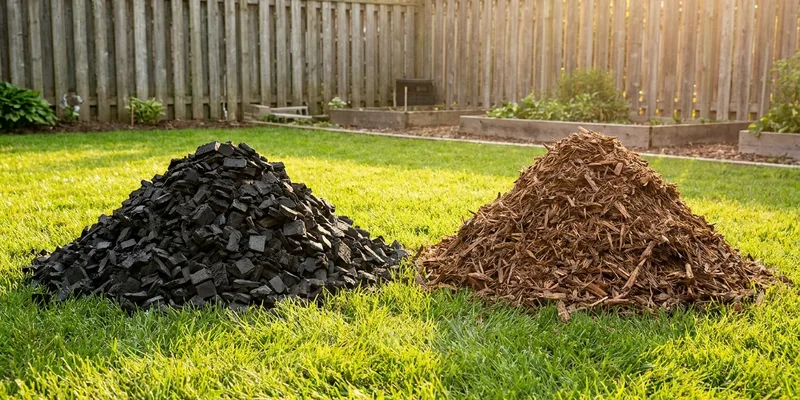 two piles side by side: rubber mulch and natural wood mulch