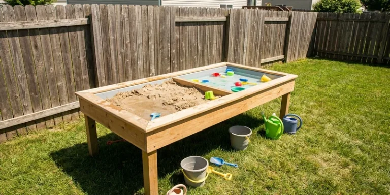 sand and water table: kids sandbox in a backyard