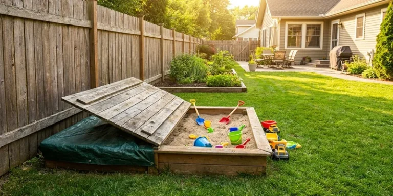 sandbox with cover: kids sandbox in a backyard