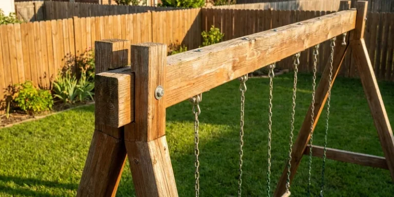 slide for swing set replacement: wooden swing set detail in a backyard