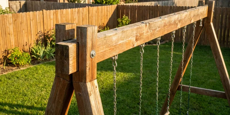 slide for swing set replacement: wooden swing set detail in a backyard