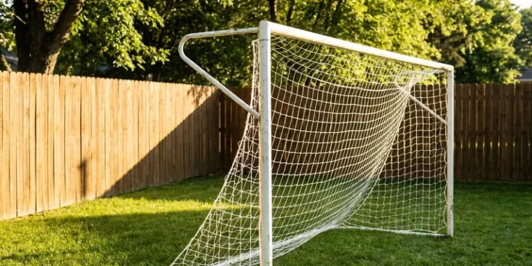 new white net being fitted onto a backyard soccer goal frame