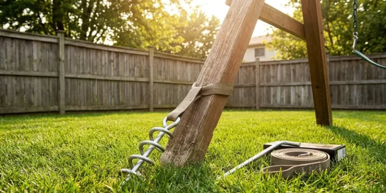 swing set anchor kit: wooden swing set detail in a backyard