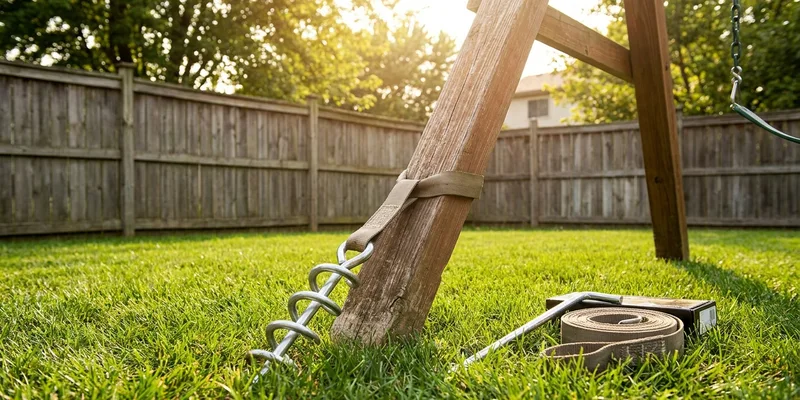 swing set anchor kit: wooden swing set detail in a backyard