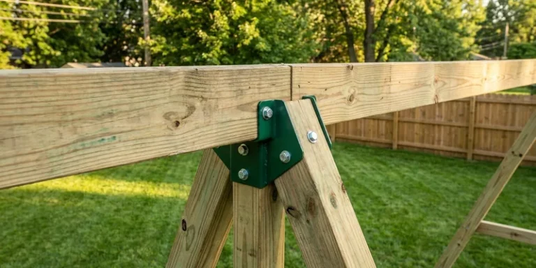 swing set bracket kit: wooden swing set detail in a backyard