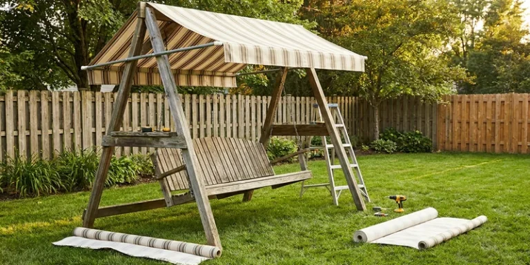 swing set canopy replacement: wooden swing set detail in a backyard