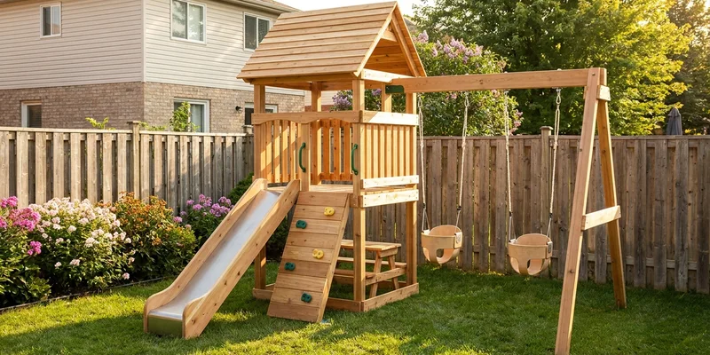 swing set for small yard: wooden swing set detail in a backyard