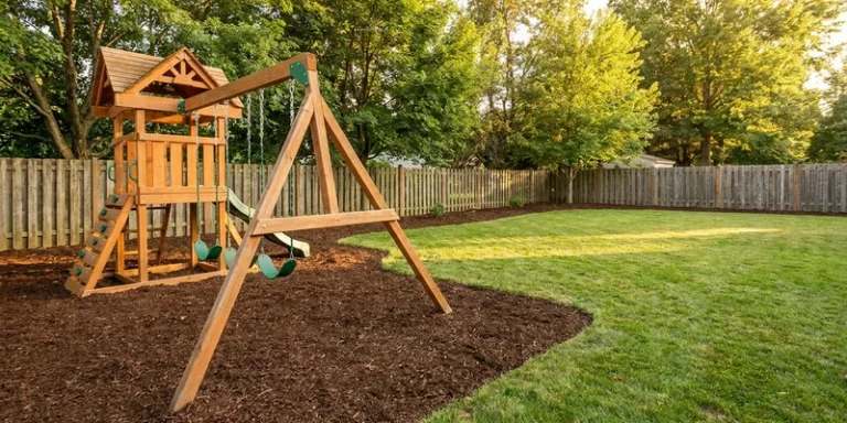 wide lawn area around a wooden swing set with fresh mulch ground cover