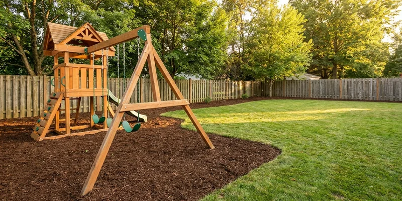 wide lawn area around a wooden swing set with fresh mulch ground cover