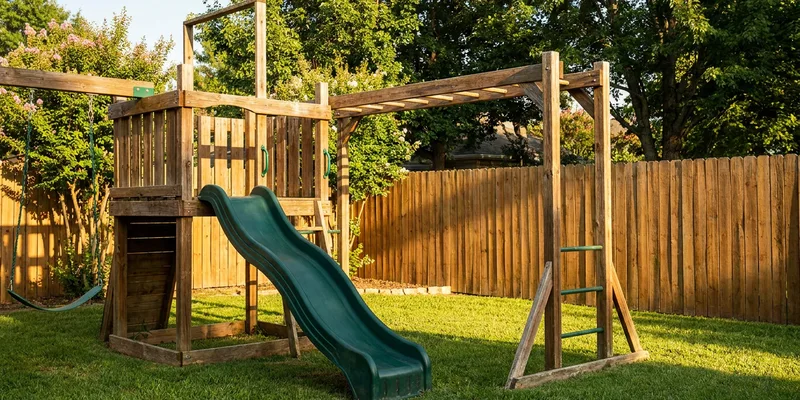swing set with slide and monkey bars: wooden swing set detail in a backyard
