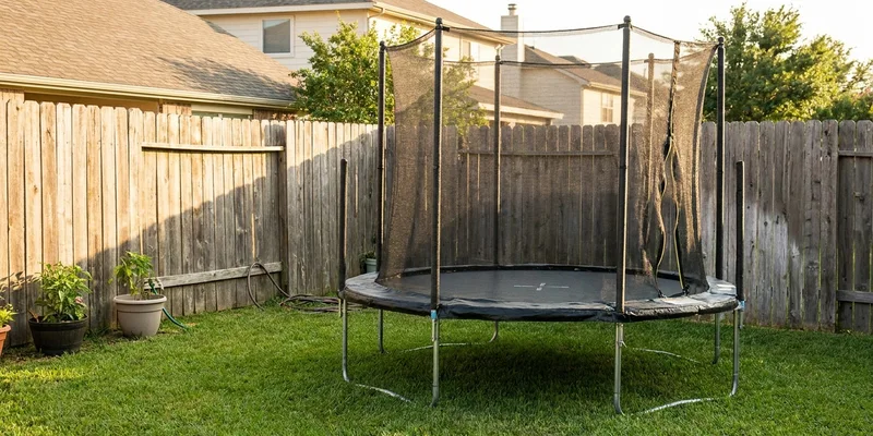 trampoline for small backyard: trampoline with safety net in a backyard