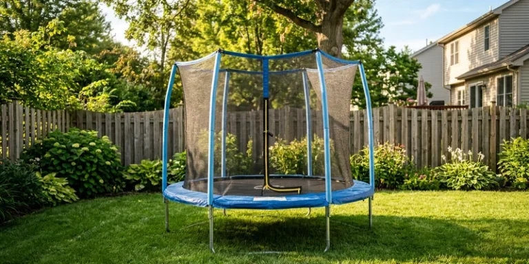trampoline for toddlers with net: trampoline with safety net in a backyard