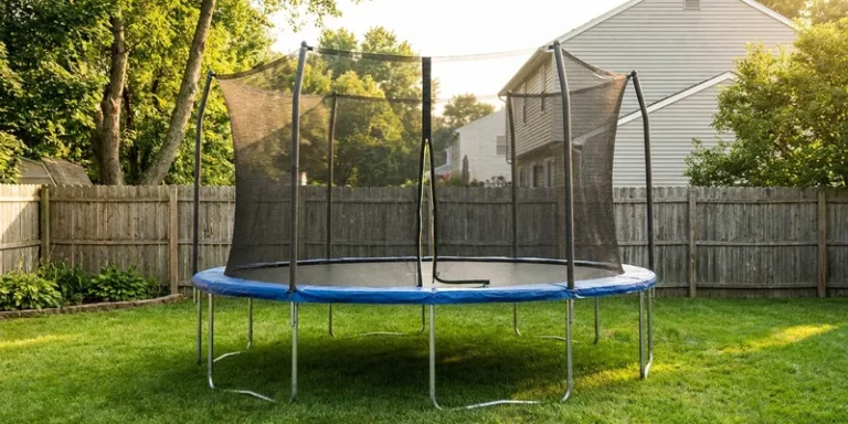 trampoline net replacement: trampoline with safety net in a backyard