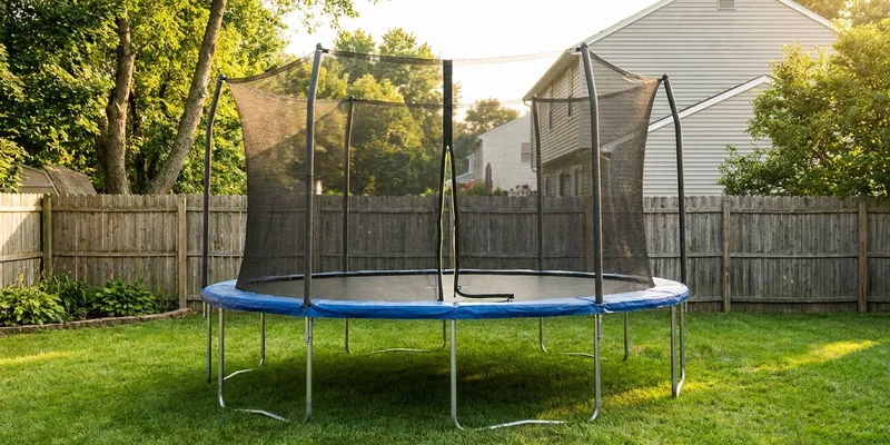 trampoline net replacement: trampoline with safety net in a backyard