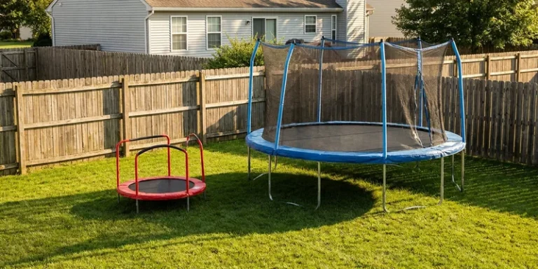two trampolines of clearly different sizes on a large lawn