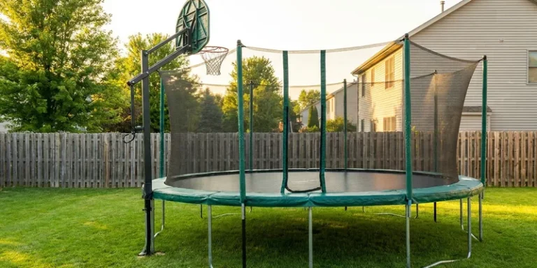 trampoline with basketball hoop: trampoline with safety net in a backyard